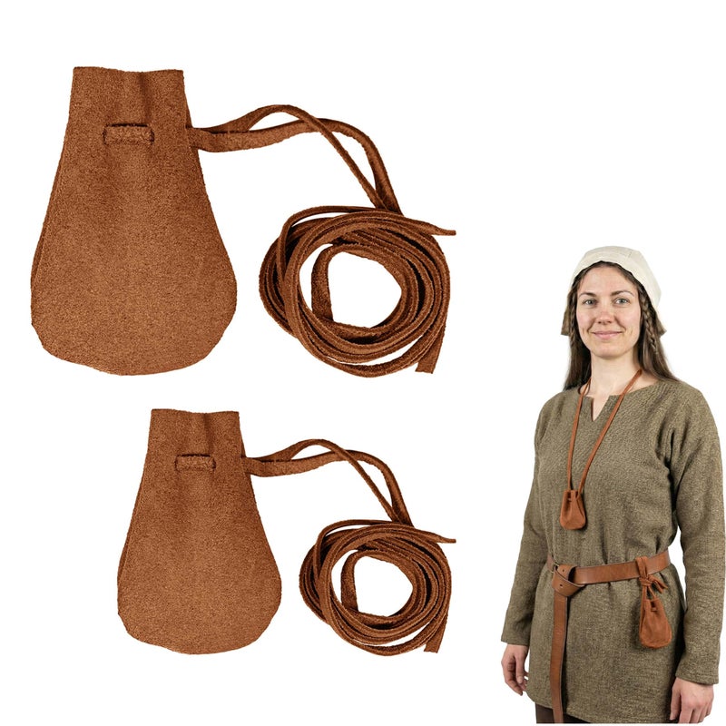 Mythrojan Small Trinket Pouches Suede Leather Drawstring Coin & Dice Bags for LARP, SCA, Viking & Medieval Events (Brown - Pack of 2) - Image 1